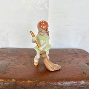 Vintage Herend of Hungary Little Girl with Broom, Handpainted Fine Porcelain Figurine