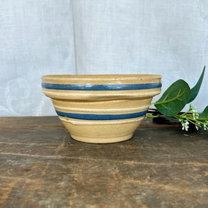 Small 5 Inch Oven Ware Blue White Band Yellowware Bowl, Farmhouse Country Rustic Primitive Kitchen