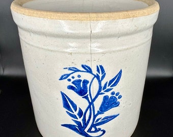 Antique Western Stoneware Crock with Blue Floral Transferware, Primitive Antique, Farmhouse Decor