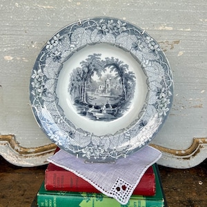 Antique Blue Transferware Soup Plate: Vista Pattern, Frances Morley & Co (1845-1858)