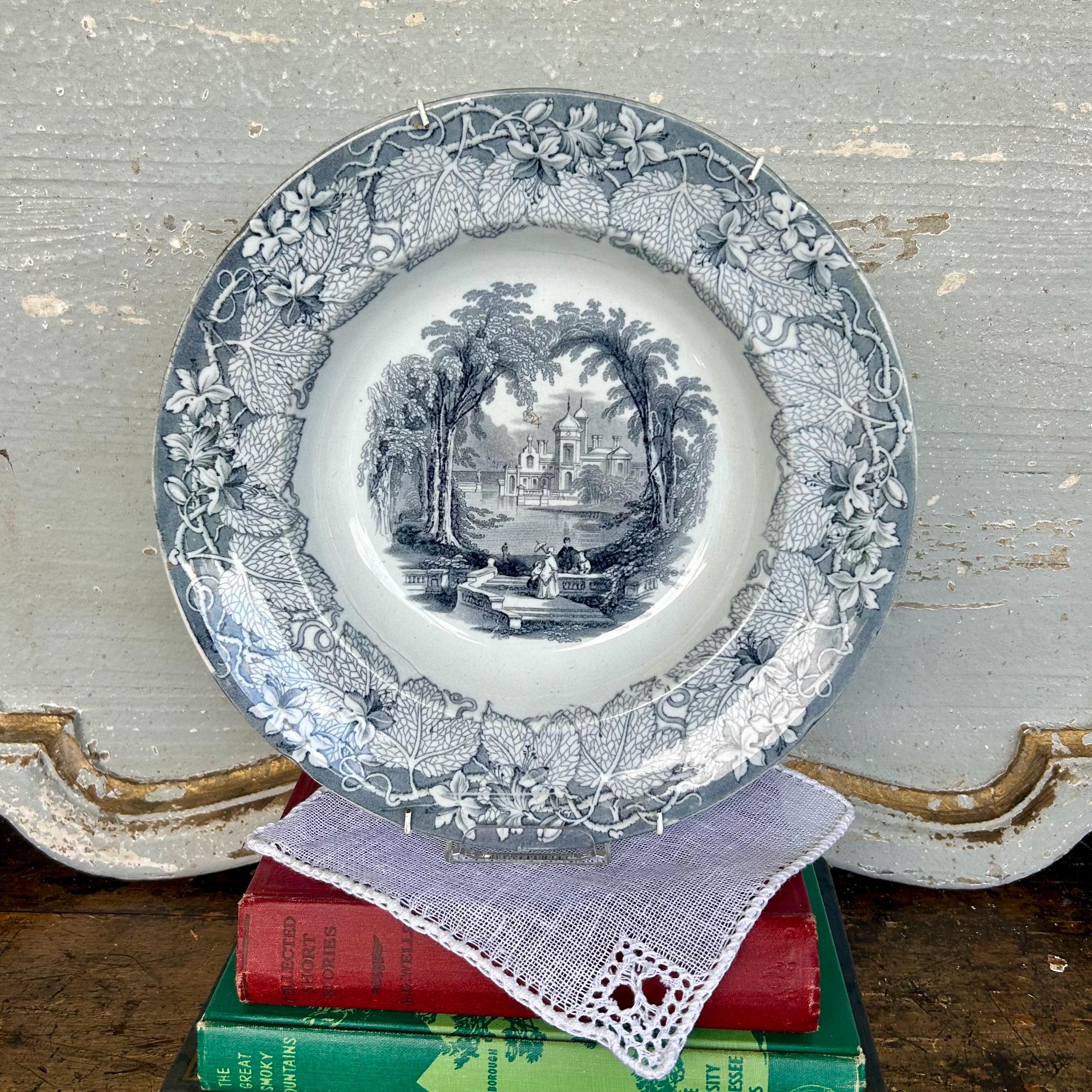 Antique Blue Transferware Soup Plate: Vista Pattern, Frances