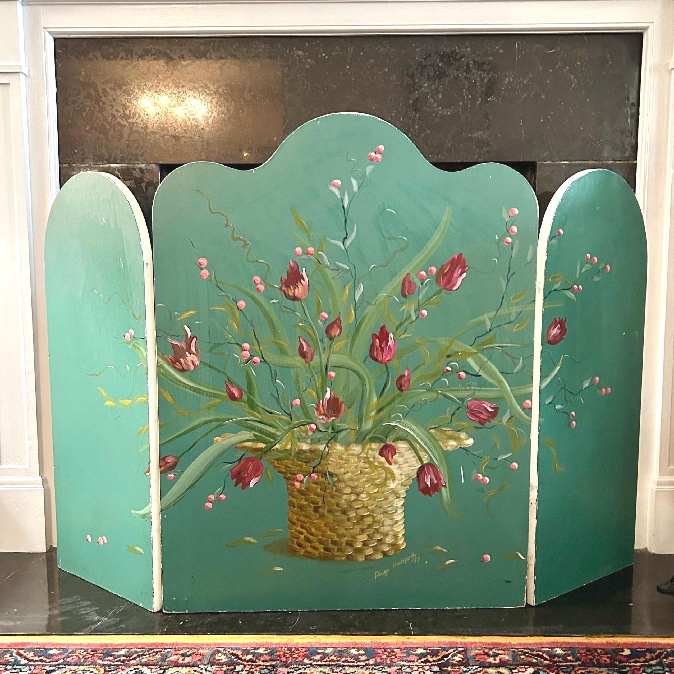 壁掛けフレーム　インド　伝統的　ゴールド　シルバー　ハートチャクラ　ナマステ Vintage Floral Hand Painted 3 Panel Fireplace Screen Signed - Etsy