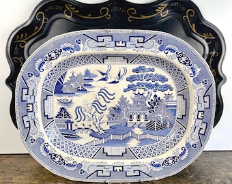Antique English Blue Willow Platter Unusually Large Ironstone Transferware c1850 with Provenance