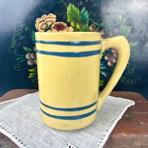 Antique Morton Pottery 100% Pure Buckeye Yellowware Cobalt Blue Banded Mug with Applied Handle