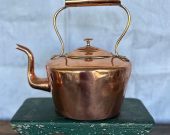 Antique Georgian Gooseneck Copper Teakettle, English Farmhouse Copper Teapot