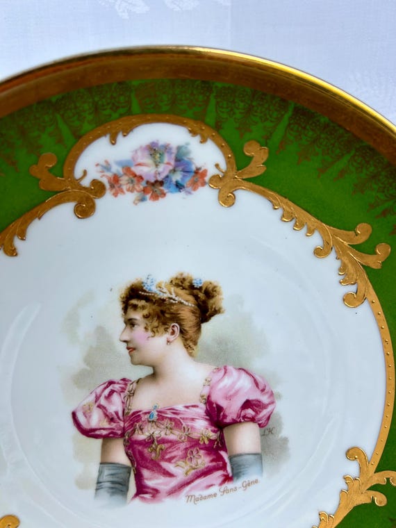 Antique Continental Gold Gilt Porcelain Portrait Cabinet Plate