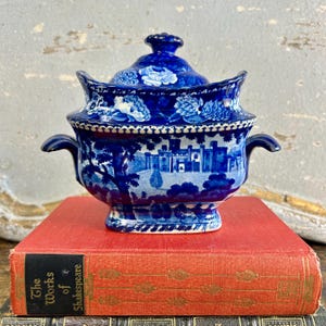 Antique Historical Blue Staffordshire Transferware Lidded Sauce Tureen “Castle Towards” by J Hill & Sons c1825