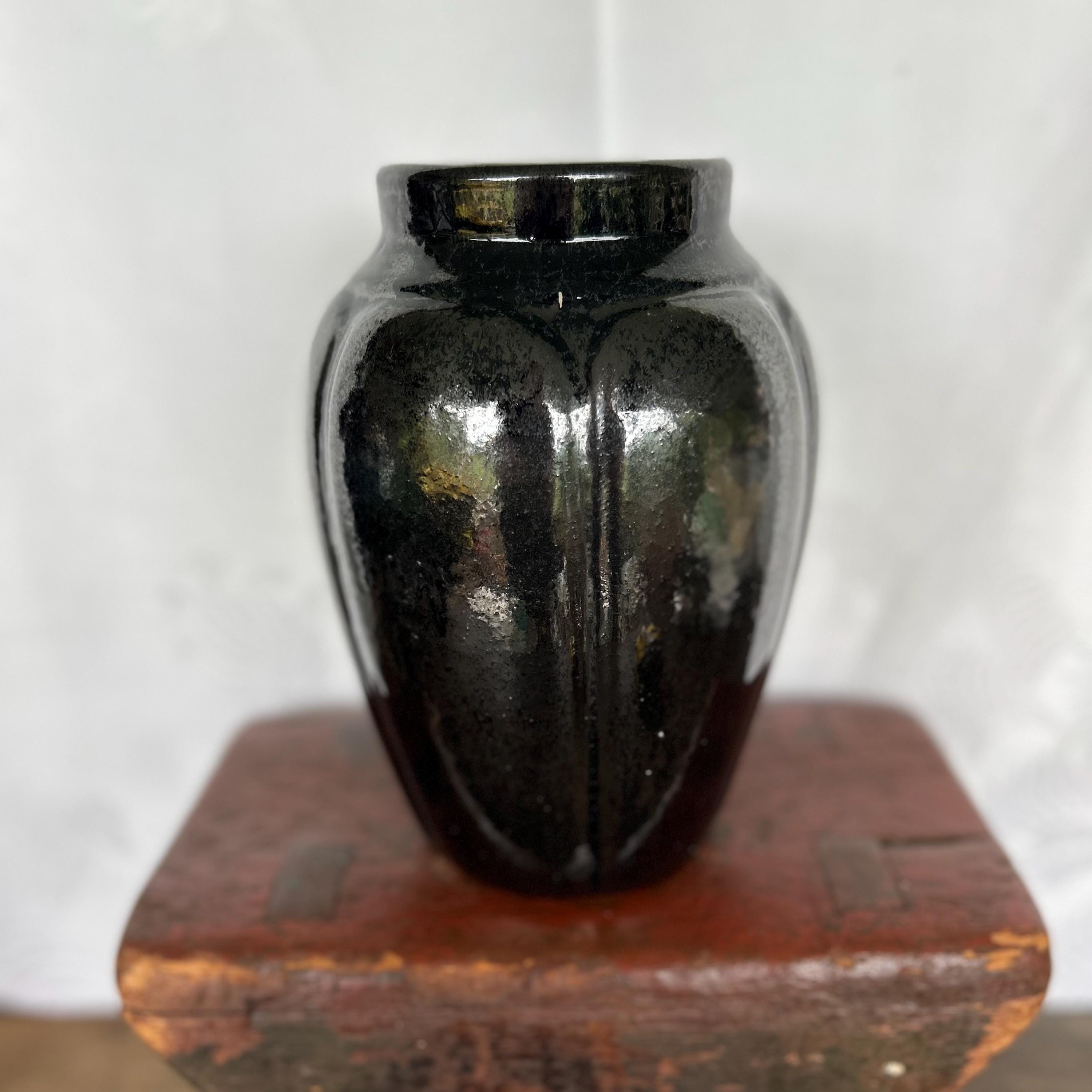 Vintage Zanesville Pottery Vase, Black High Gloss Glaze, Urn #795
