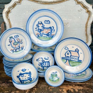 Choice of Vintage M A Mary Hadley Pottery Blue and White Country Scene Stoneware Farmhouse Dishes