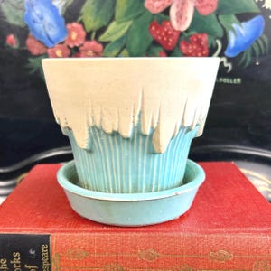 Vintage McCoy Pottery 4 inch Icicle Drip Planter with Attached Saucer 115 in Turquoise