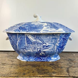 Vintage Blue Transferware “Old Foley” James Kent Staffordshire English Countryside Soup Tureen with Lid