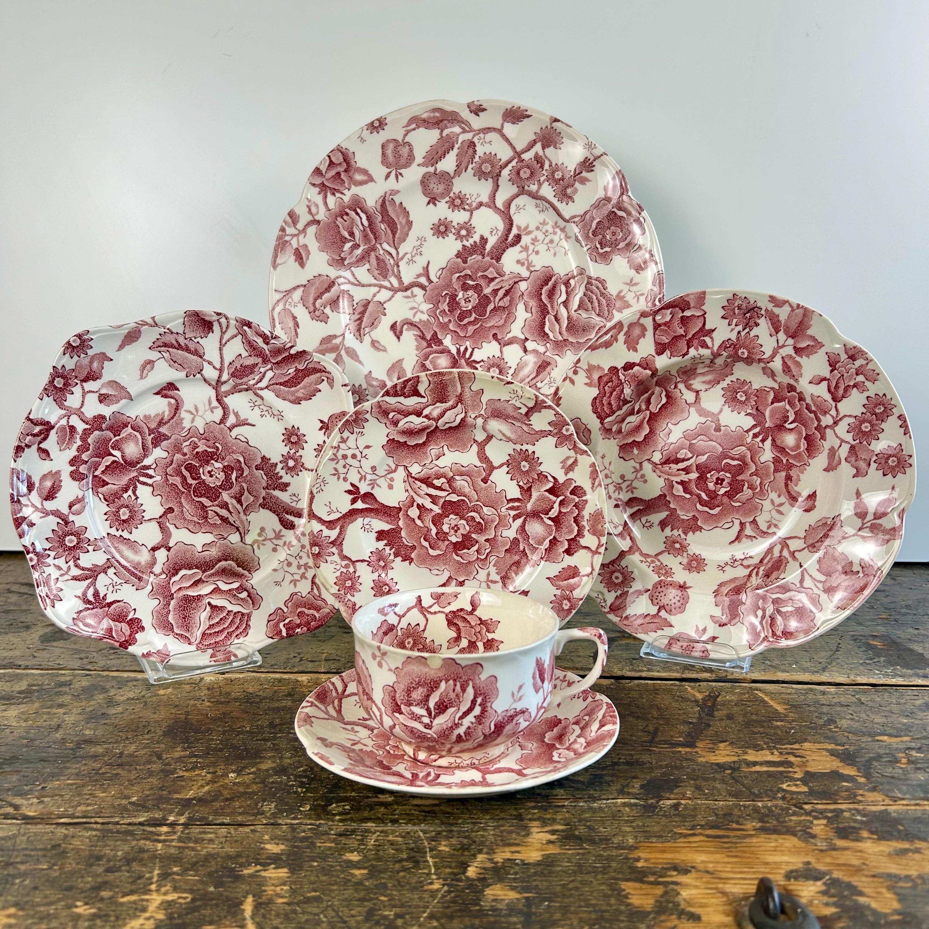 Vintage Johnson Brothers Pink Red Transferware English Chippendale