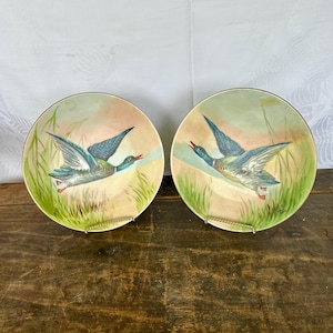 Set of Two Antique French Porcelain PV Limoges Hand Painted Gilded Game Bird Duck Plates