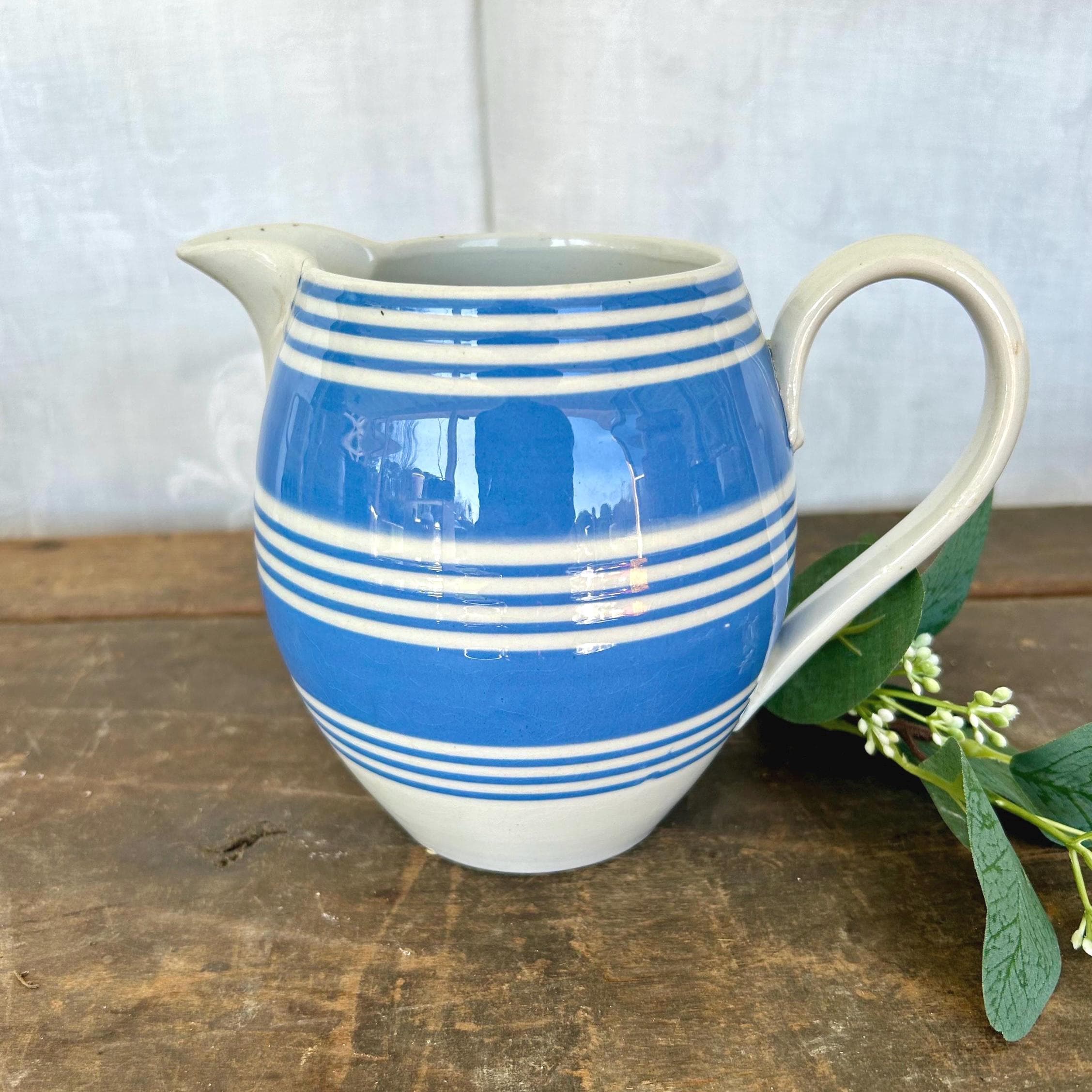 1800's Antique Mochaware Blue and White Striped Pitcher, English