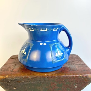 Gorgeous Rare Roseville Pottery Deep Blue Aztec Wide Pitcher with Squeeze Bag Decoration c1915