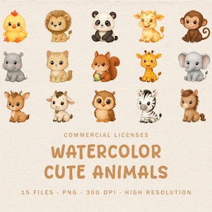 Watercolor Cute Animals Clipart, Watercolor Animals, Baby Animals Clipart Set, Cute Animal PNG Bundle, Printable Animals