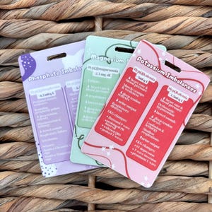 Puede incluir: Tres tarjetas de información médica con diferentes combinaciones de colores. Las tarjetas están etiquetadas como "Desequilibrios de fosfato", "Magnesio" y "Desequilibrios de potasio". Cada tarjeta enumera los síntomas y los cambios en el ECG.