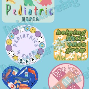 May include: Five colorful illustrated patches with a pediatric nursing theme. The patches feature dinosaurs, a heart with medical symbols, a circle with dice and the words "Pediatrics" and "BFF", a yellow patch with daisies and the words "helping little ones grow", and a pink patch with a bandage and the words "boo boo crew".