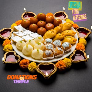Puede incluir: Un plato de dulces indios, incluyendo gulab jamun, barfi y ladoo, rodeado de lámparas de aceite encendidas y flores de caléndula. La imagen incluye el texto "Orisha Food Offerings" y "Donations to Temple".