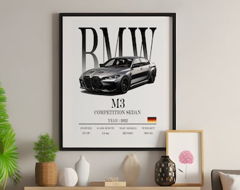 Poster BMW M3 Competition Berline, poster mural BMW, téléchargement numérique, art déco automobile, art mural Supercar, cadeau pour amateur de voiture, décoration murale