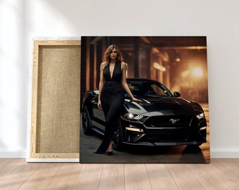 Black Mustang and Woman in Black Dress Digital Artwork, Digital Wall Art, Printable Wall Painting, Car Enthusiast gift, Car Poster