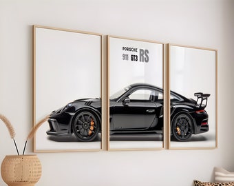 Zwarte Porsche 911 GT3 RS posters, supercar muurposter, jongenskamer decor, digitale kunstprint, autopostercollectie, autoliefhebber cadeau