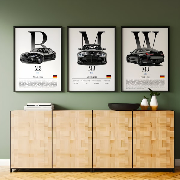 BMW M3 CS Set of 3 Posters, Digital Download, BMW Art Prints, Car Poster Collection, Man Cave Decor, Printable Art