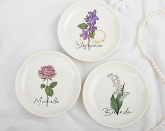 Birth Month Floral Ring Dish, Custom Flower Jewelry Dish, Ceramic Trinket Dish, Birthday, Mother's Day Gift, Bridesmaid Gift, Wedding Favor