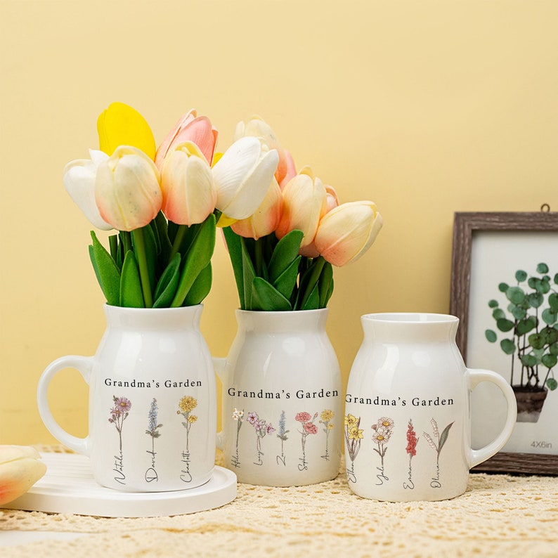 Personalized Grandma's Garden Flower Vase,Birthflower Vase,Custom Grandkid Name Flower Vase,Mothers Day Gifts for Grandma Mom Nana,Birthday image 1