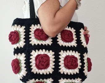 Häckeltasche mit 3D Rosen, handgehäkelt aus Baumwollgarn.Vielseitiges fashion Alltags-Accessoire