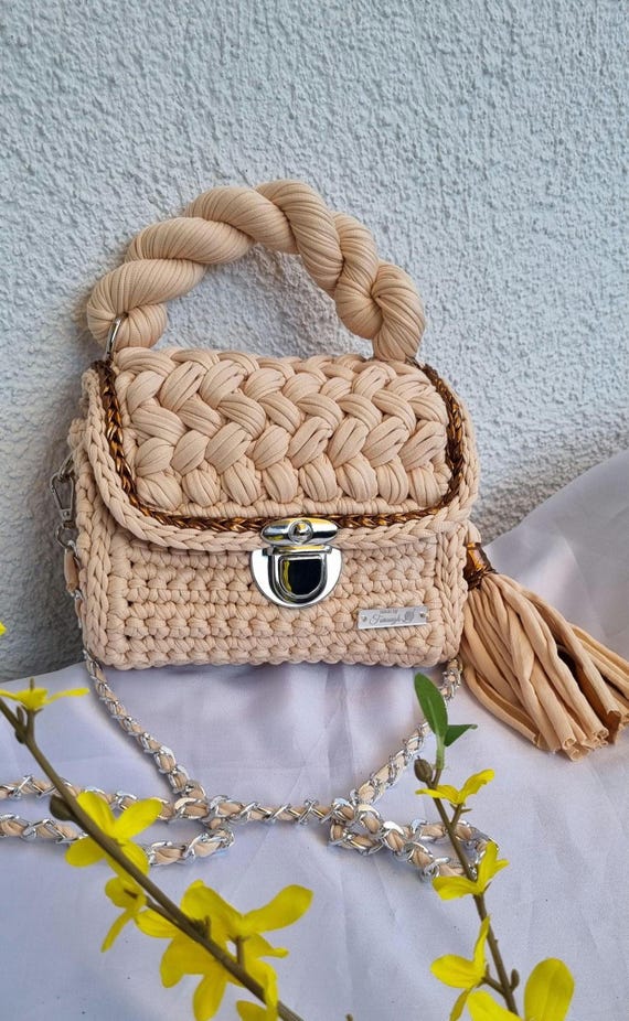 Beige Crochet Bag, Handmade, Elegant Boho Shoulder Bag With Tassel