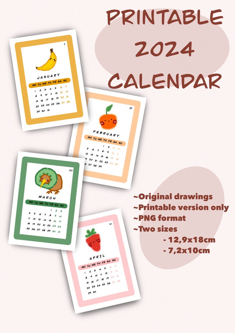 Printable 2024 Calendar Mini Cute Calendar Minimal 2024 Calendar Cute
