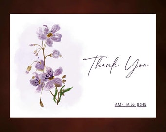 Carte de remerciement imprimable violette florale à personnaliser pour des voeux, des remerciements pour le désherbage, impression à la maison
