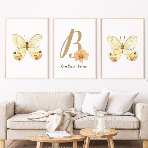 DIGITAL WALL ART Set of 3, Butterfly pictures with Initial names for baby gifts, baptism, housewarming