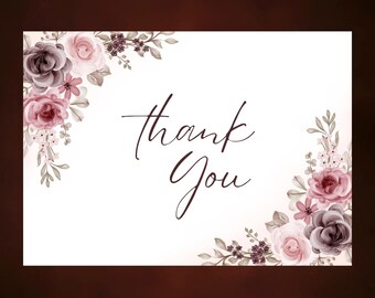 PRINTABLE Thank You Card with Rose Flower Decoration for Greeting, Weeding Thank You Print at Home