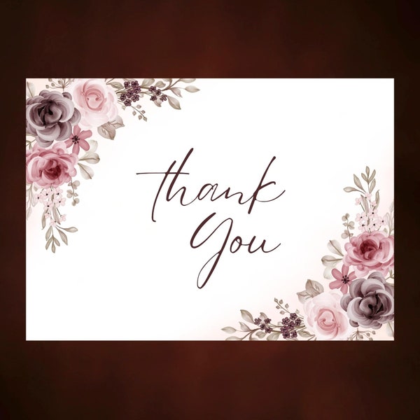 PRINTABLE Thank You Card with Rose Flower Decoration for Greeting, Weeding Thank You Print at Home