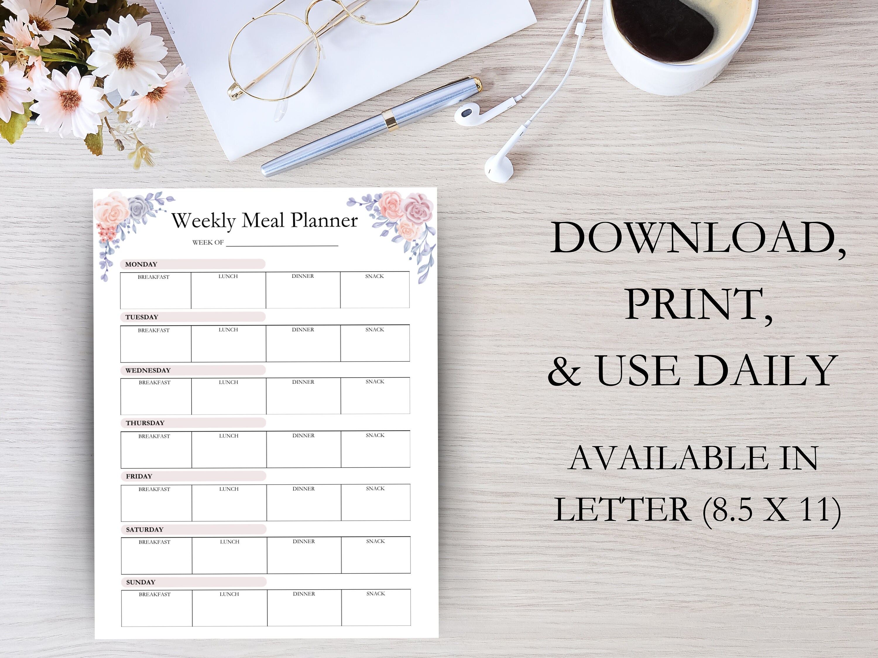 Floral Meal Planner Printable, Pink Weekly Meal Planner Template, Food ...