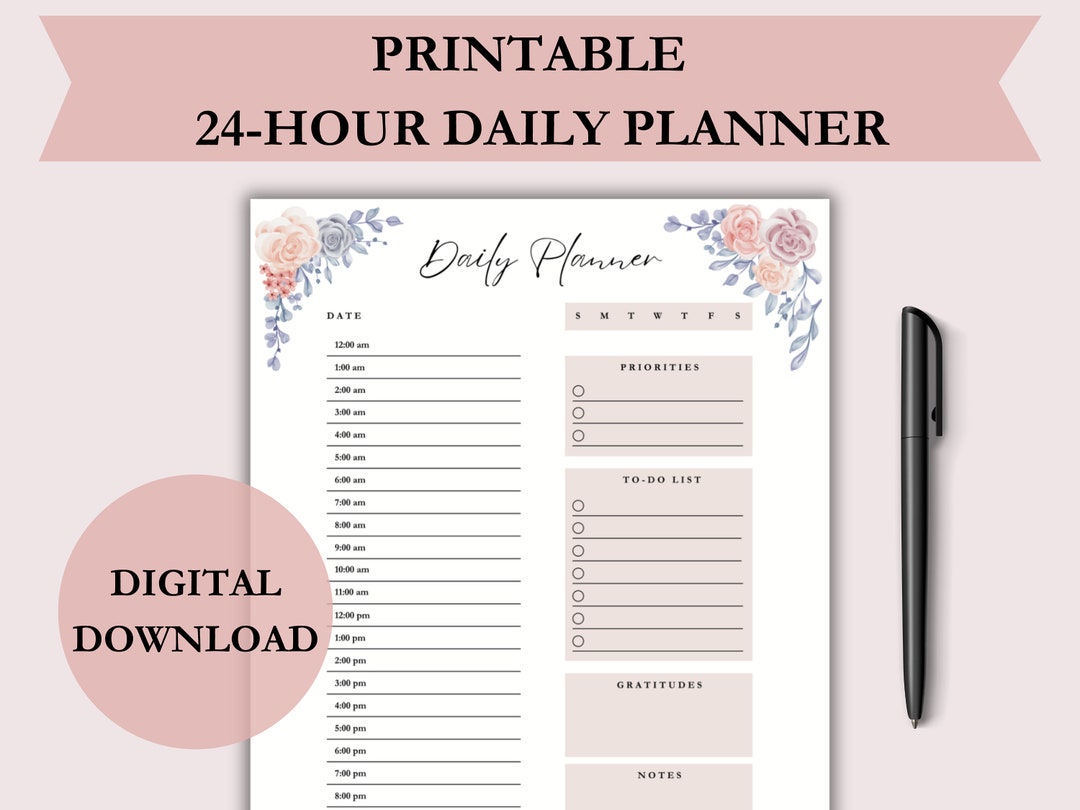 24-hour Floral Planner Printable, Flower Themed to Do List, Daily ...