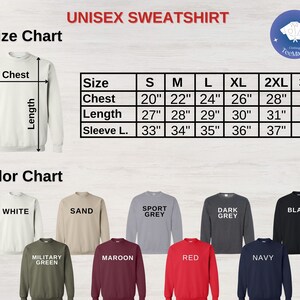 Puede incluir: Tabla de tallas de sudaderas unisex con medidas de pecho de 51 a 76 cm y largo de 69 a 81 cm. La carta de colores muestra opciones como blanco, arena, gris deportivo, gris oscuro, negro, verde militar, granate, rojo y azul marino.