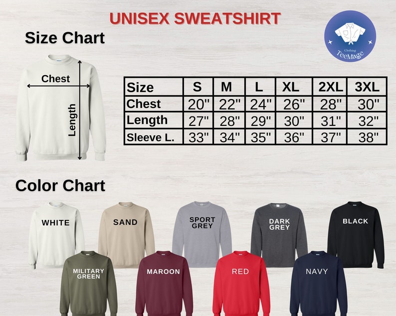Puede incluir: Tabla de tallas de sudaderas unisex con medidas de pecho de 51 a 76 cm y largo de 69 a 81 cm. La carta de colores muestra opciones como blanco, arena, gris deportivo, gris oscuro, negro, verde militar, granate, rojo y azul marino.