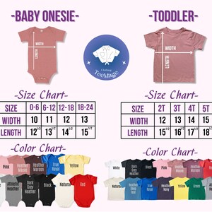 Puede incluir: Tabla de tallas para bodys de beb&eacute; y camisetas para ni&ntilde;os peque&ntilde;os. La tabla muestra las medidas de ancho y largo en pulgadas para las diferentes tallas. La tabla de colores muestra los colores disponibles para cada tipo de prenda.