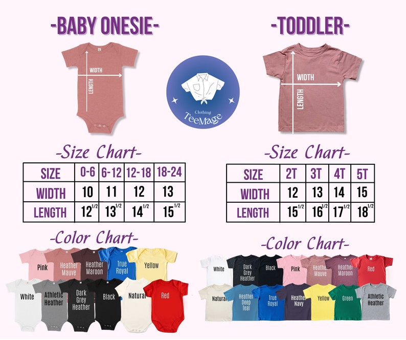 Puede incluir: Tabla de tallas para bodys de beb&eacute; y camisetas para ni&ntilde;os peque&ntilde;os. La tabla muestra las medidas de ancho y largo en pulgadas para las diferentes tallas. La tabla de colores muestra los colores disponibles para cada tipo de prenda.