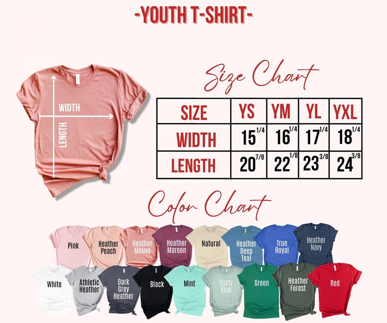 Puede incluir: Una camiseta rosa juvenil con una tabla de tallas que muestra las medidas de ancho y largo en pulgadas. La tabla de colores muestra varios colores de camisetas, incluyendo blanco, negro y rojo. El texto "-YOUTH T-SHIRT-" est&aacute; en la parte superior.