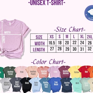 Puede incluir: Tabla de tallas para camiseta unisex con medidas en pulgadas para el ancho y la longitud.  La tabla de colores muestra 20 colores diferentes de camisetas.