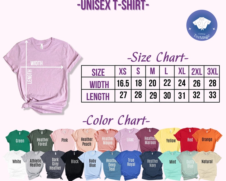 Puede incluir: Tabla de tallas para camiseta unisex con medidas en pulgadas para el ancho y la longitud.  La tabla de colores muestra 20 colores diferentes de camisetas.