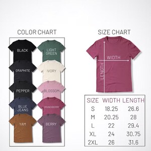 May include: A color chart and size chart for t-shirts. The color chart displays t-shirts in various colors, including black, graphite, blue jeans, and yam. The size chart shows a maroon t-shirt with width and length measurements in inches.