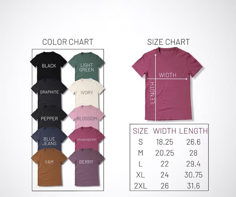 May include: A color chart and size chart for t-shirts. The color chart displays t-shirts in various colors, including black, graphite, blue jeans, and yam. The size chart shows a maroon t-shirt with width and length measurements in inches.