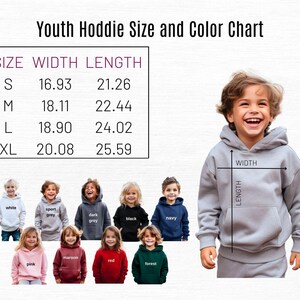 Puede incluir: Tabla de tallas y colores para sudaderas con capucha juveniles. La tabla muestra las medidas en pulgadas para las tallas S, M, L y XL. La imagen tambi&eacute;n muestra una variedad de colores de sudaderas con capucha, incluyendo blanco, gris deportivo, gris oscuro, negro, azul marino, rosa, granate, rojo y bosque.