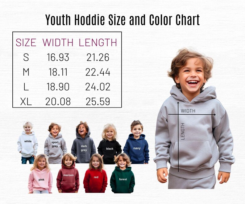 Puede incluir: Tabla de tallas y colores para sudaderas con capucha juveniles. La tabla muestra las medidas en pulgadas para las tallas S, M, L y XL. La imagen tambi&eacute;n muestra una variedad de colores de sudaderas con capucha, incluyendo blanco, gris deportivo, gris oscuro, negro, azul marino, rosa, granate, rojo y bosque.