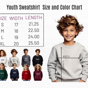 Puede incluir: Tabla de tallas y colores de sudaderas para ni&ntilde;os. La tabla muestra las tallas S, M, L y XL con las medidas de ancho y largo en pulgadas. Las opciones de color incluyen blanco, gris deportivo, gris oscuro, negro, bosque, azul marino, rojo y granate.